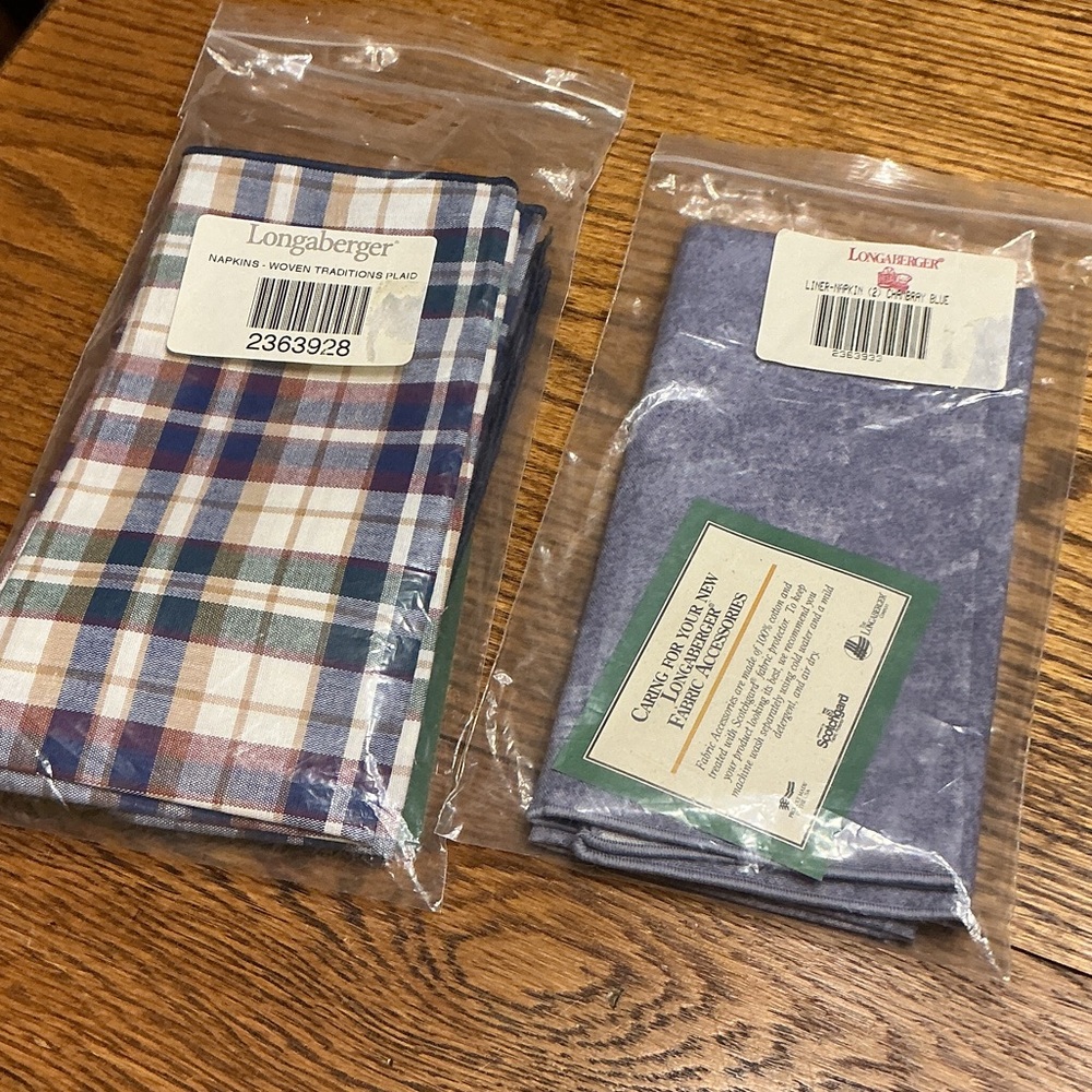 4 Longaberger Woven Traditions Plaid and 2 Chambray Blue Cloth Napkins NIP